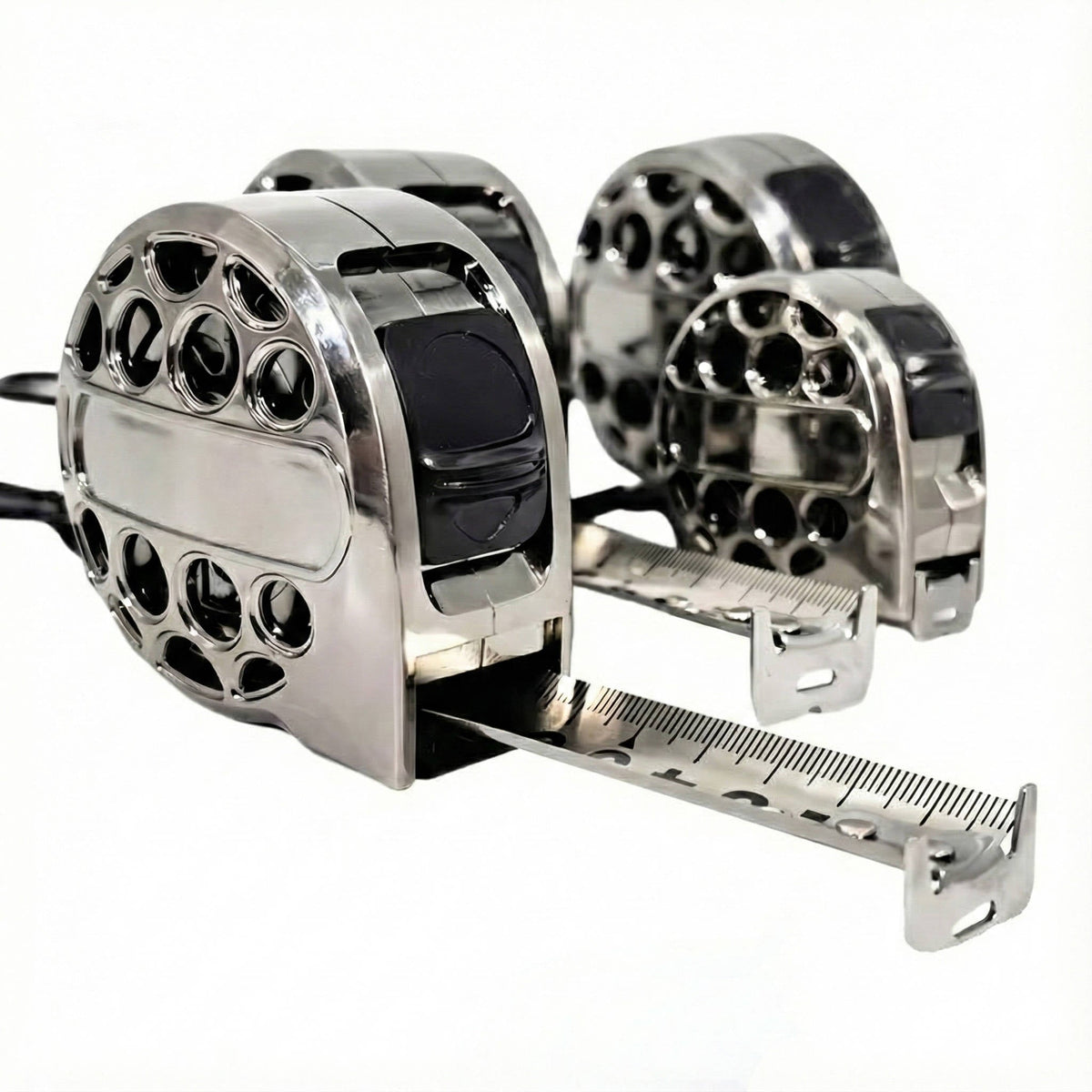 Carved stainless steel measuring tape by Belro with detailed engraved design, measuring tape extended to show length markings.