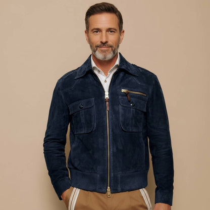 Men's retro suede jacket by Belro with lapel collar, zipper front, and breast pocket, designed for a stylish, vintage look.