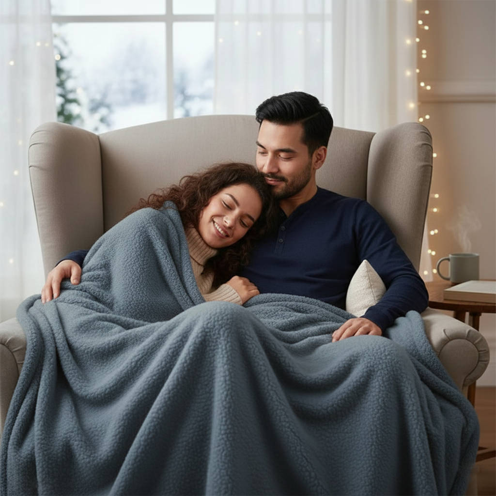 Belro waterproof blanket for couples, cozy and durable, shown spread out on a bed in a modern bedroom setting.
