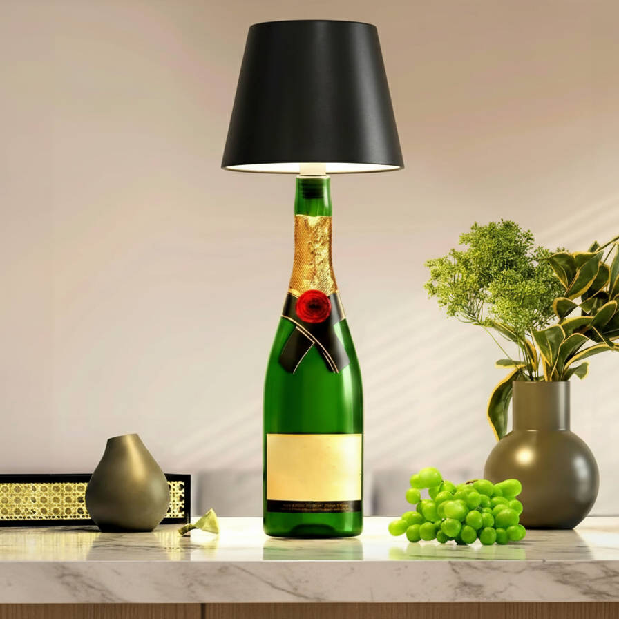 Wireless Bottle Lamp by Belro, modern LED night light shaped like a glass bottle, ideal for ambient lighting in bedrooms or living spaces.