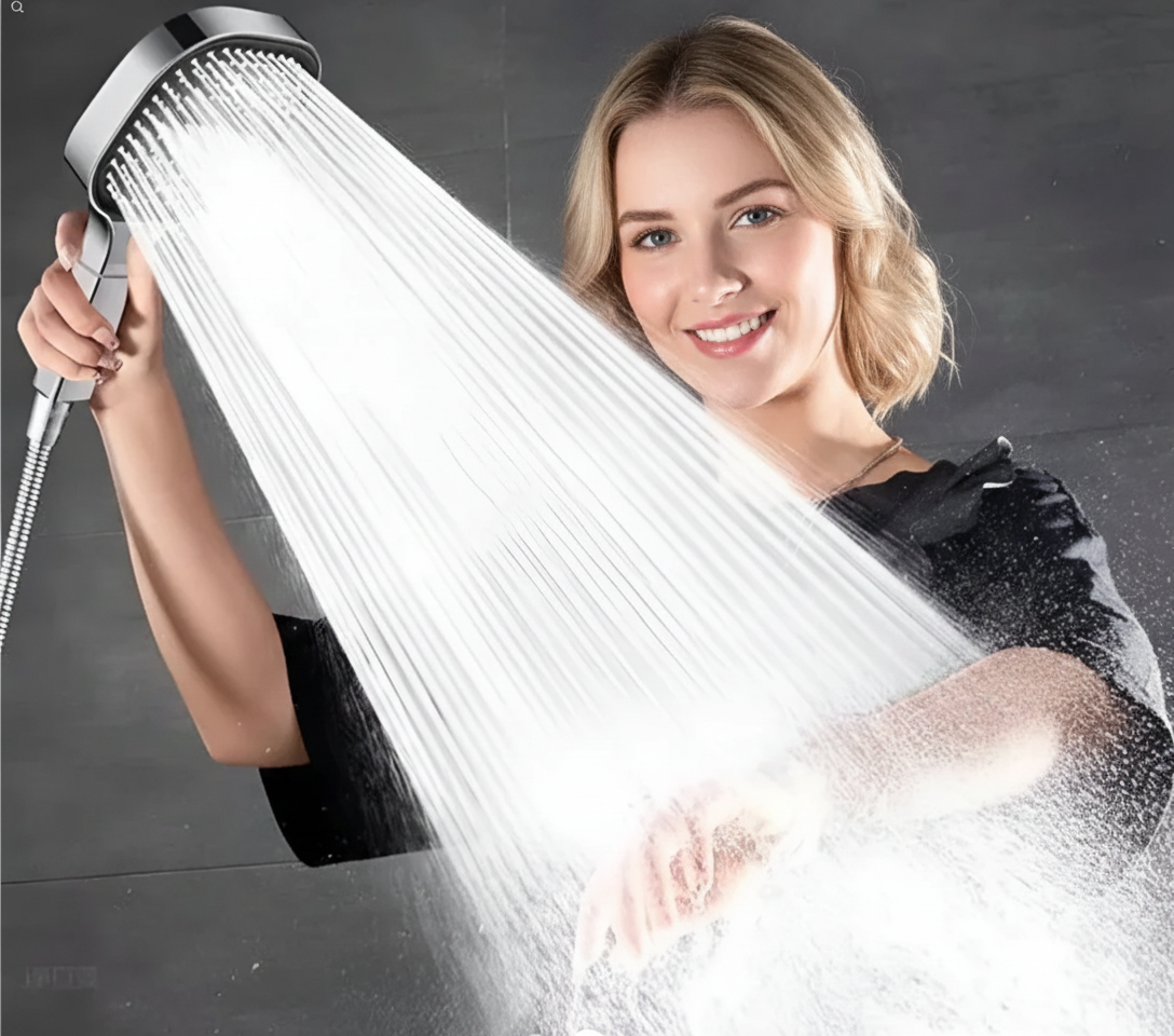 BowLift High-Pressure Shower Head with Turbo Boost Technology and water filtration, featuring multiple spray settings and modern design.