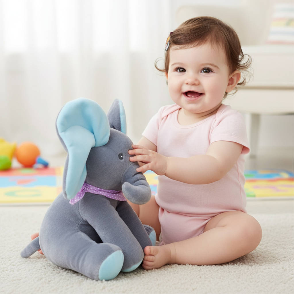 Belro Peek a Boo Talking Elephant toy in playful clothing, showcasing a soft, colorful design for children.