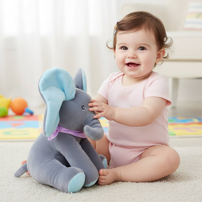 Belro Peek a Boo Talking Elephant toy in playful clothing, showcasing a soft, colorful design for children.