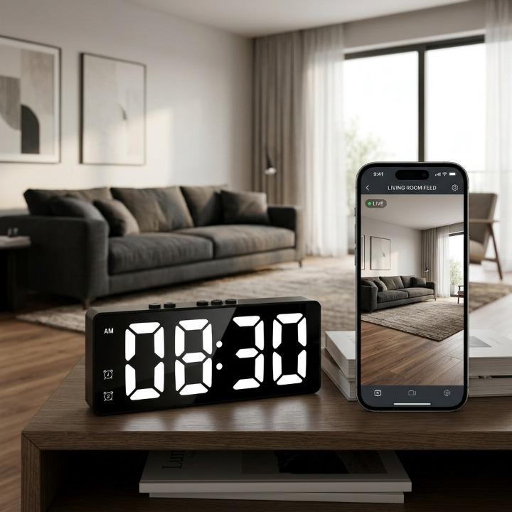 Digital alarm clock with built-in 2K security camera, HD resolution, motion detection, and Wi-Fi for home security.