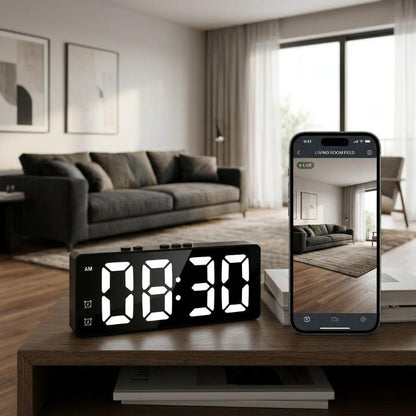 Digital alarm clock with built-in 2K security camera, HD resolution, motion detection, and Wi-Fi for home security.