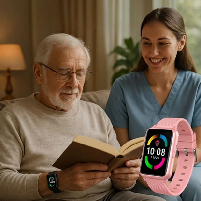 Mivoza senior smartwatch with fall detection, SOS call, 4G GPS, and IP67 waterproof rating, shown on a user's wrist.