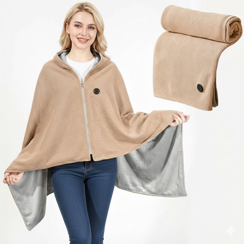 Belro portable heated shawl blanket draped over a sofa, showcasing soft fabric and cozy design for warmth and comfort at home.