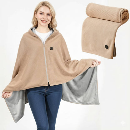 Belro portable heated shawl blanket draped over a sofa, showcasing soft fabric and cozy design for warmth and comfort at home.