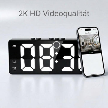 Digital alarm clock with built-in 2K security camera, HD video, motion detection, and Wi-Fi for home security.