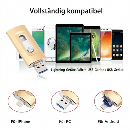 Mivoza 3-in-1 USB flash drive with iPhone, Android, and PC compatibility, showing multiple connectors and sleek design.