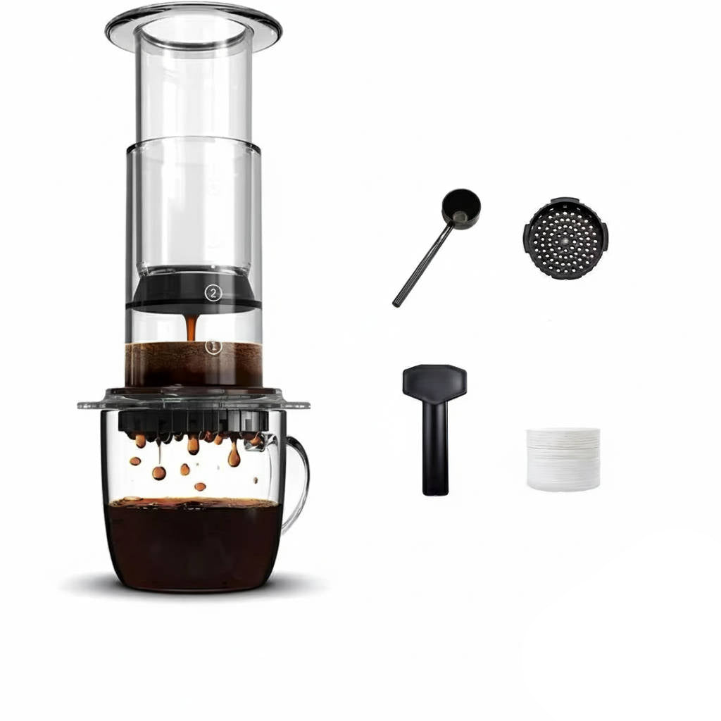 Belro coffee press machine with glass carafe, black handle, and stainless steel lid for brewing fresh coffee at home.