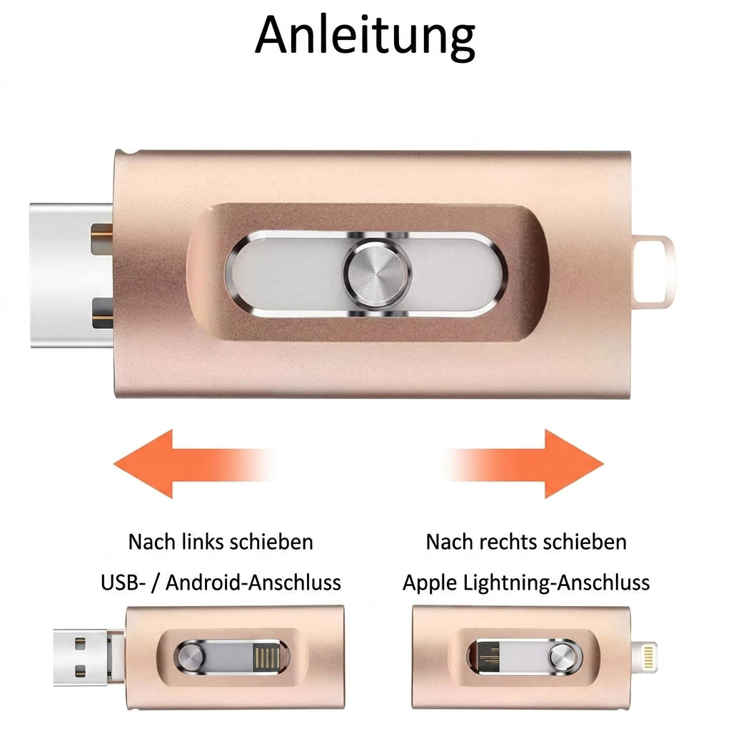 Mivoza 3-in-1 USB flash drive compatible with iPhone, Android, and PC, showing the compact device with dual connectors.