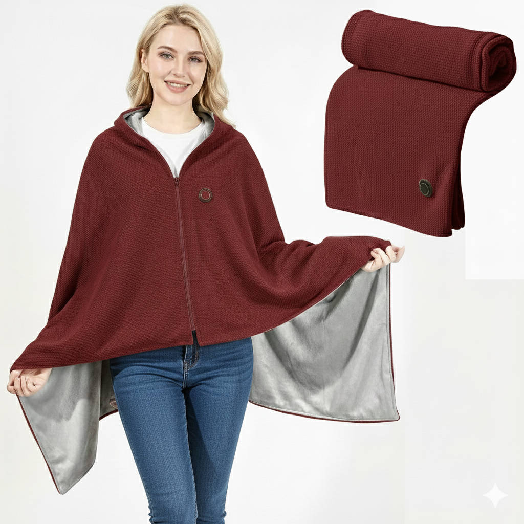 Belro portable heated shawl blanket draped over a cozy armchair, showcasing its soft fabric and heating elements for warmth and comfort.