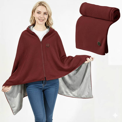 Belro portable heated shawl blanket draped over a cozy armchair, showcasing its soft fabric and heating elements for warmth and comfort.