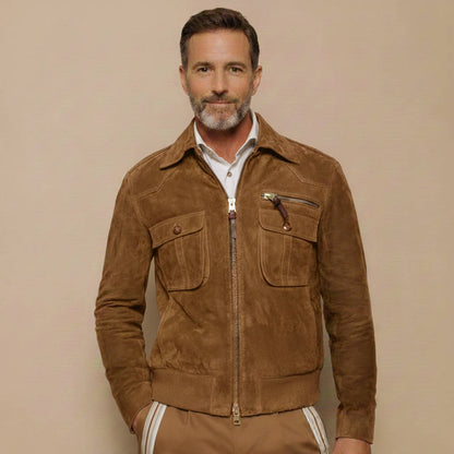 Men's retro suede jacket with lapel collar, zipper front, and breast pocket by Belro, stylish men's outerwear.