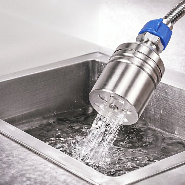 Stainless steel automatic float valve by Mivoza for plumbing, featuring a self-regulating, no-electricity design for water control.