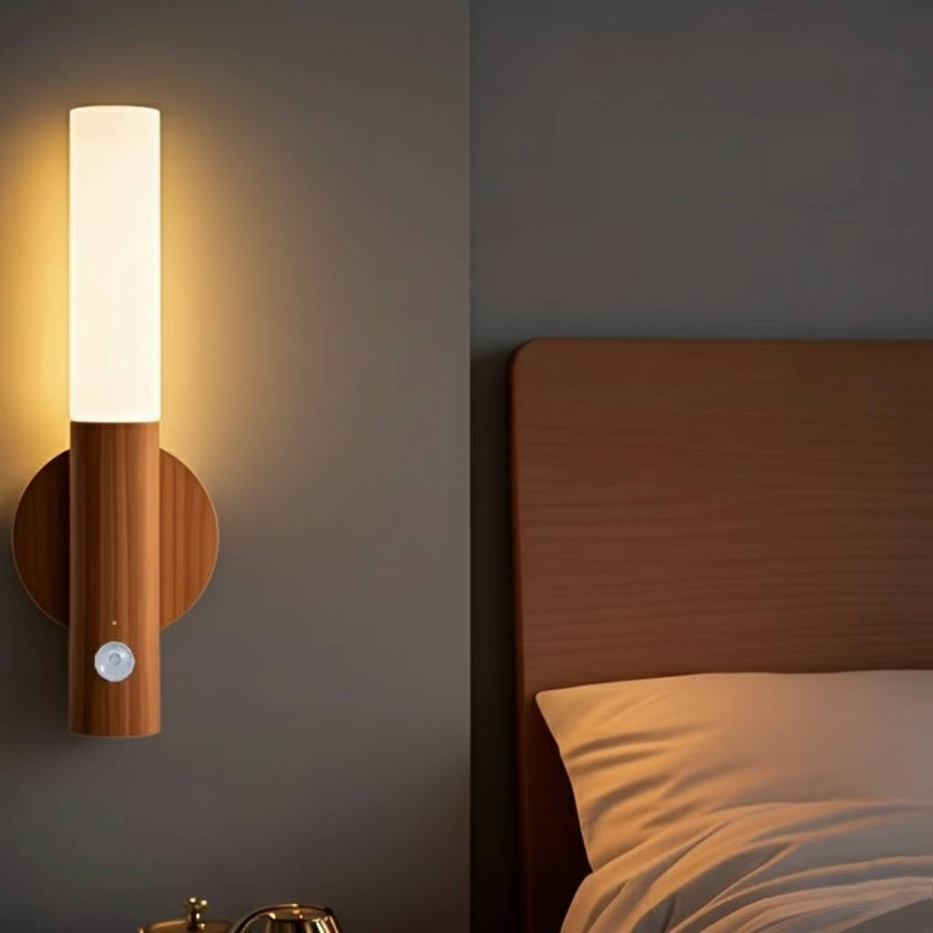 Belro plug-in motion sensor night light illuminating a bedroom, energy-efficient LED night light for safe nighttime use.
