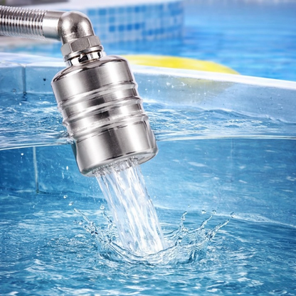 Stainless steel automatic float valve by Mivoza, self-regulating, no electricity required, used in plumbing for water level control.