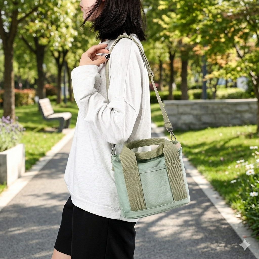 Lightweight Japanese-inspired canvas tote bag with inner pockets, featuring a stylish design and reusable eco-friendly construction.