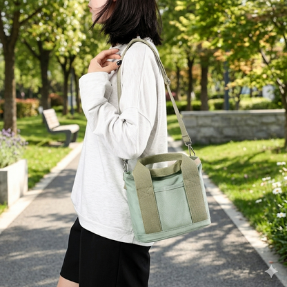 Lightweight Japanese-inspired canvas tote bag with inner pockets, featuring a stylish design and reusable eco-friendly construction.