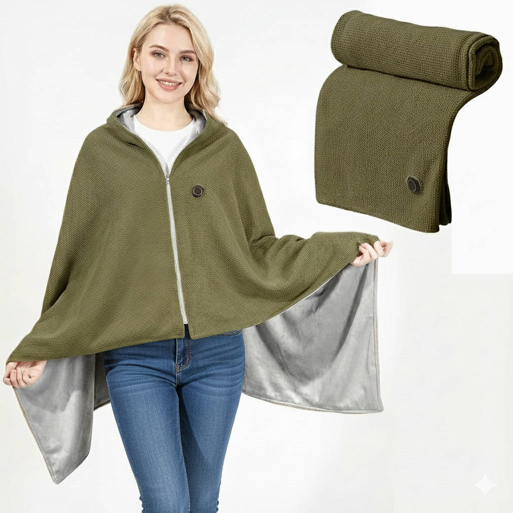 Belro portable heated shawl blanket draped over a cozy armchair, showcasing its soft fabric and heating feature for warmth and comfort.