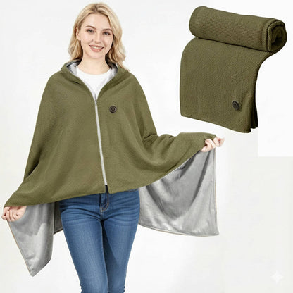 Belro portable heated shawl blanket draped over a cozy armchair, showcasing its soft fabric and heating feature for warmth and comfort.
