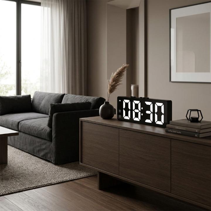 Digital alarm clock with built-in 2K security camera, HD video, motion detection, and Wi-Fi connectivity by Mivoza Deutschland.