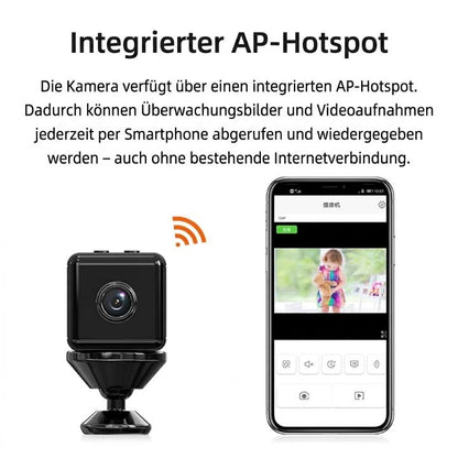 Mini night vision security camera by Mivoza Deutschland with 1080P HD video, motion detection, suitable for indoor home security.