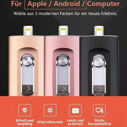 Mivoza 3-in-1 USB flash drive compatible with iPhone, Android, and PC, showing compact design with silver and black accents.