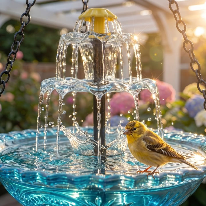 Mivoza solar bird bath fountain with two-tier garden water feature, no power needed, showing water flowing over the tiers in a garden setting.
