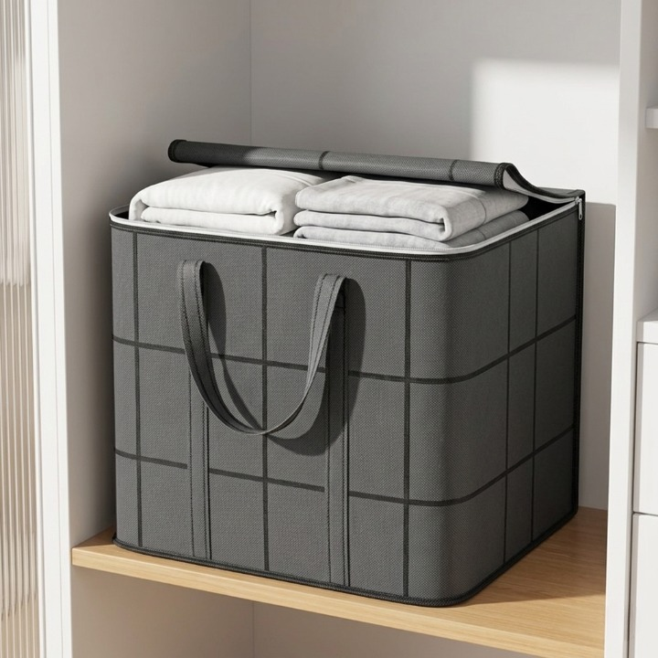 Mivoza fabric storage bag for duvets, dust-proof and space-saving, available in size S to XL, shown filled with bedding material.