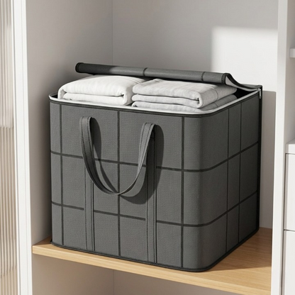 Mivoza fabric storage bag for duvets, dust-proof and space-saving, available in size S to XL, shown filled with bedding material.