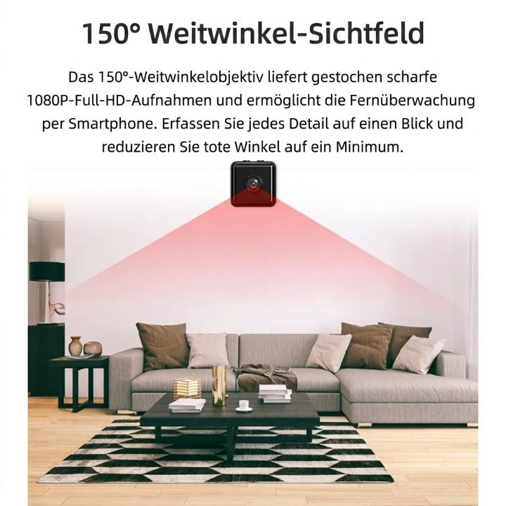 Mini night vision security camera by Mivoza Deutschland with 1080P HD video, motion detection, ideal for indoor home security.