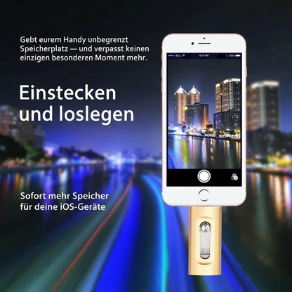 Mivoza 3-in-1 USB flash drive for iPhone, Android, and PC, showing compact design with multiple connectors and storage ports.