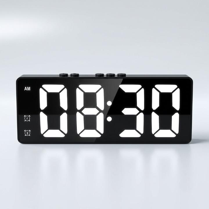 Digital alarm clock with built-in 2K security camera, HD video, motion detection, Wi-Fi, in a home setting by Mivoza Deutschland
