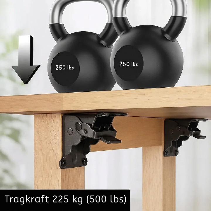Mivoza auto-lock folding brackets, 90° heavy-duty self-locking furniture hinges, 2-pack, rated for 225kg, shown in open position