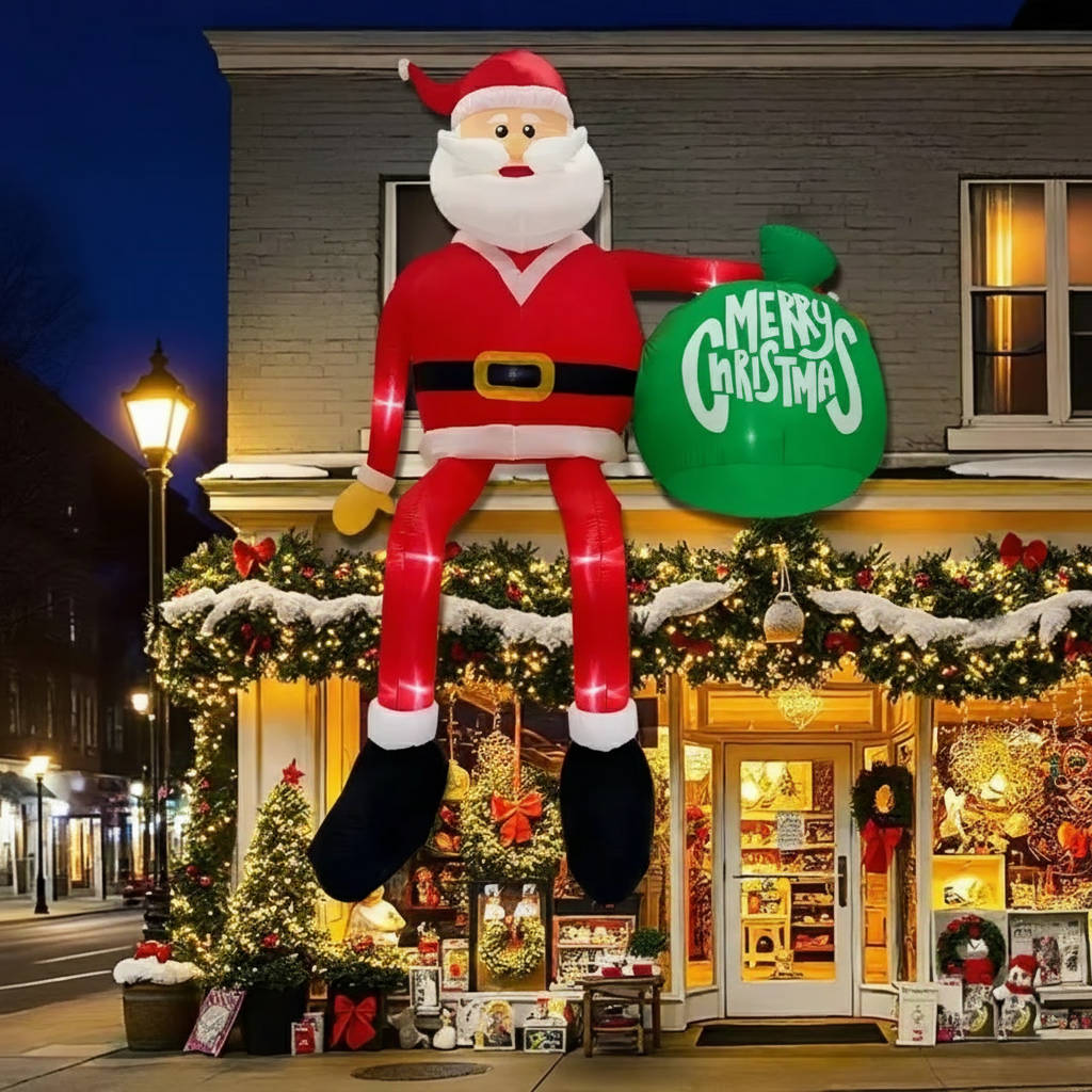 Colorful Santa Christmas outdoor decoration accessory attached to a festive umbrella by Belro.