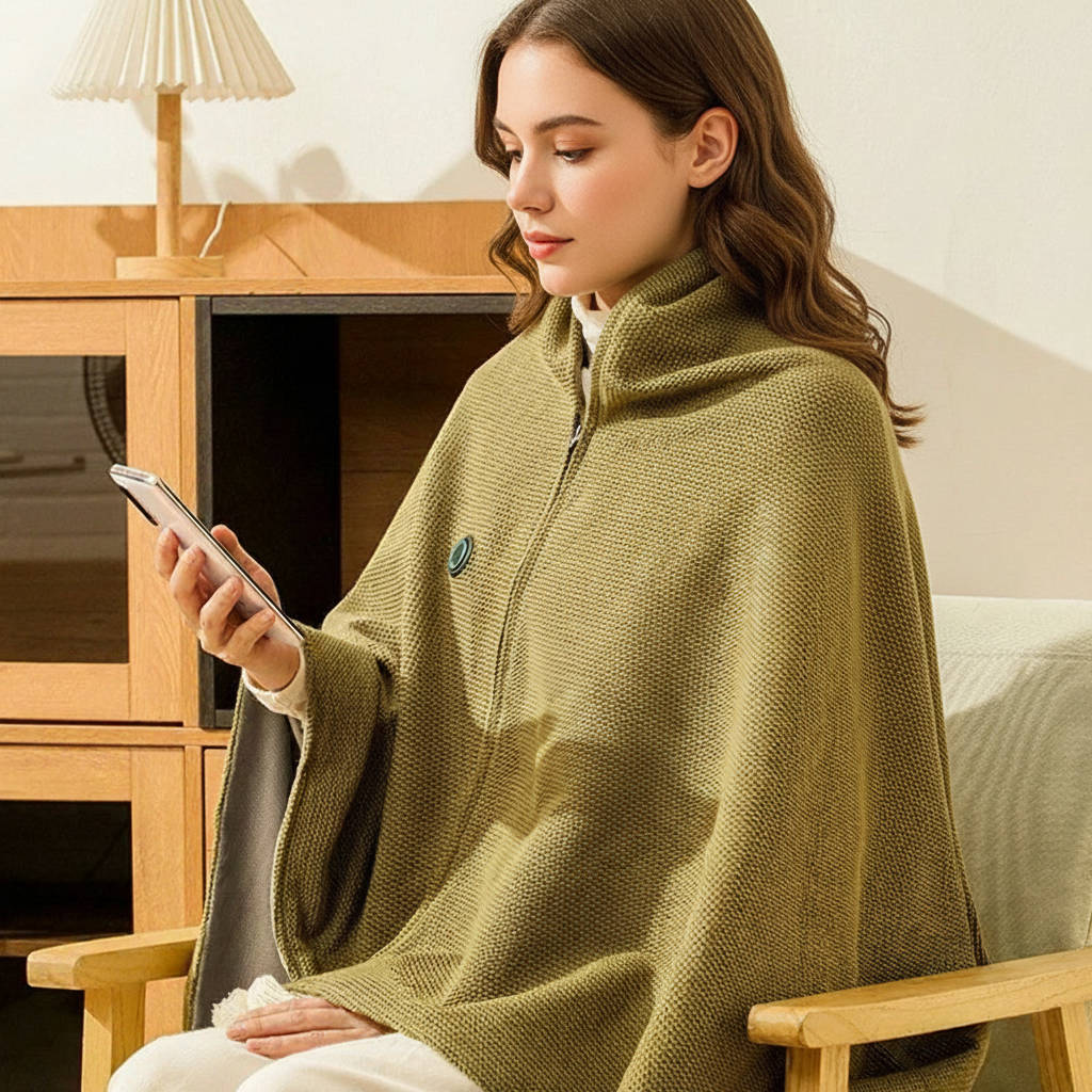 Belro portable heated shawl blanket draped over a sofa, showcasing its cozy, soft fabric and portable design for home comfort.