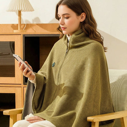 Belro portable heated shawl blanket draped over a sofa, showcasing its cozy, soft fabric and portable design for home comfort.