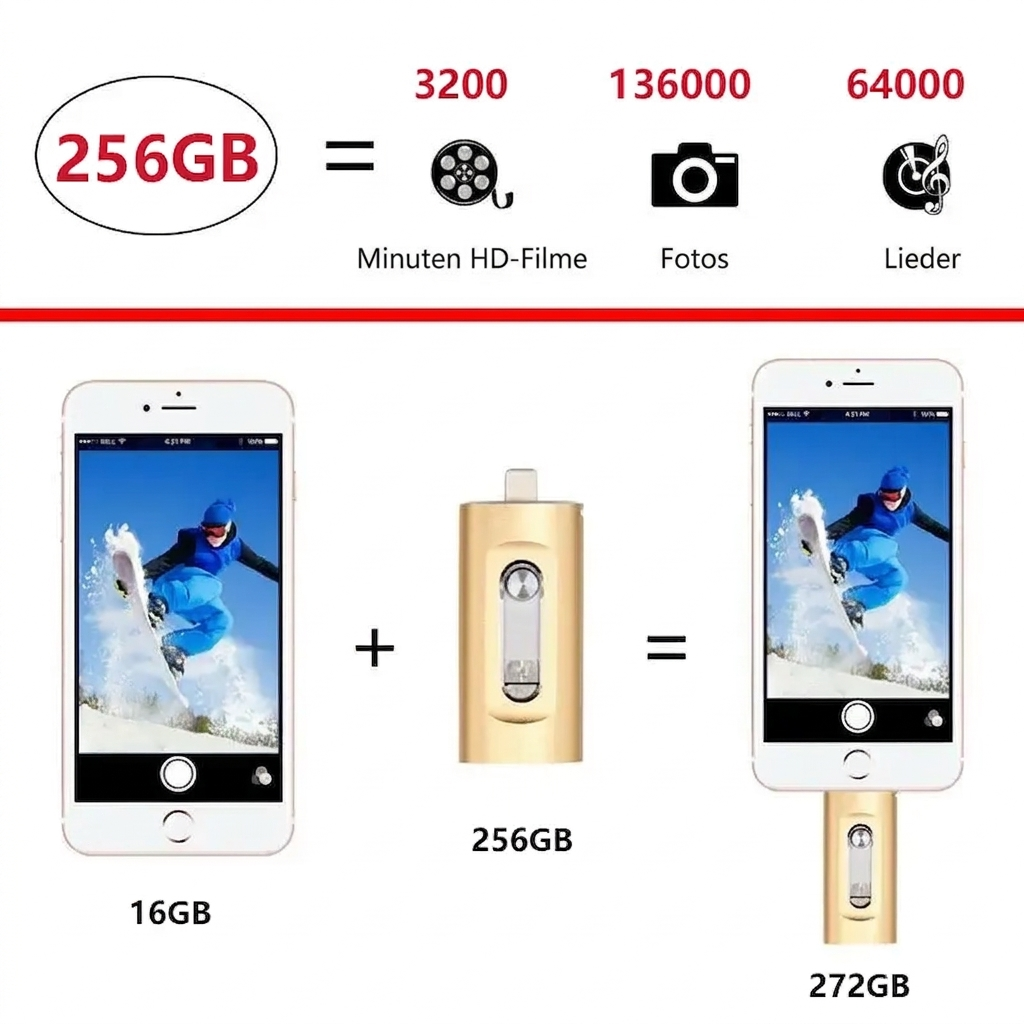 Mivoza 3-in-1 USB flash drive compatible with iPhone, Android, and PC, showing multiple connectors for versatile storage options