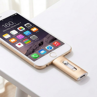 Mivoza 3-in-1 USB flash drive compatible with iPhone, Android, and PC, showing multiple connectors and storage ports.