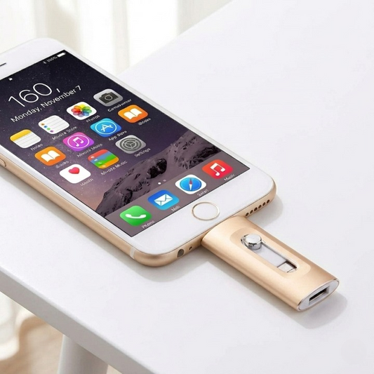 Mivoza 3-in-1 USB flash drive compatible with iPhone, Android, and PC, showing multiple connectors and storage ports.