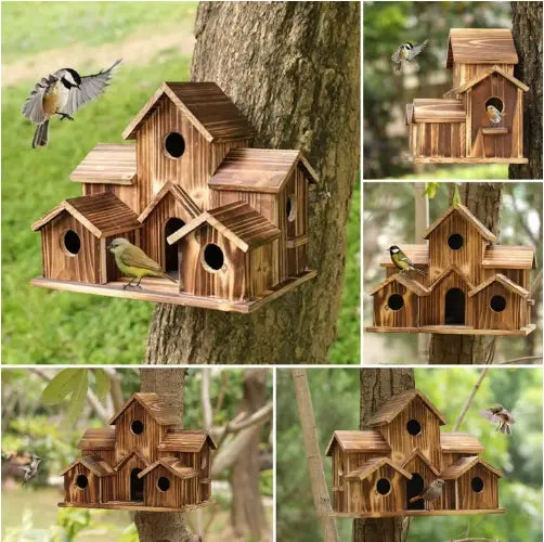 Hanging wooden birdhouse by Mivoza, weatherproof garden bird sanctuary with entrance hole and natural wood finish.