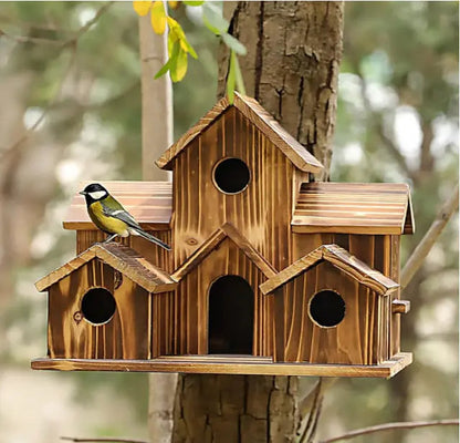 Hanging wooden birdhouse by Mivoza with a spacious, weatherproof design, ideal for garden bird sanctuary and outdoor decor.