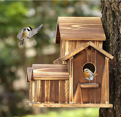 Wooden hanging birdhouse by Mivoza, weatherproof garden bird sanctuary with spacious design for outdoor bird nesting.