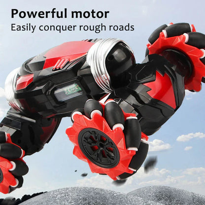Belro gesture-sensing remote control stunt car with colorful design, ready for action and stunts in a playful toy setting.