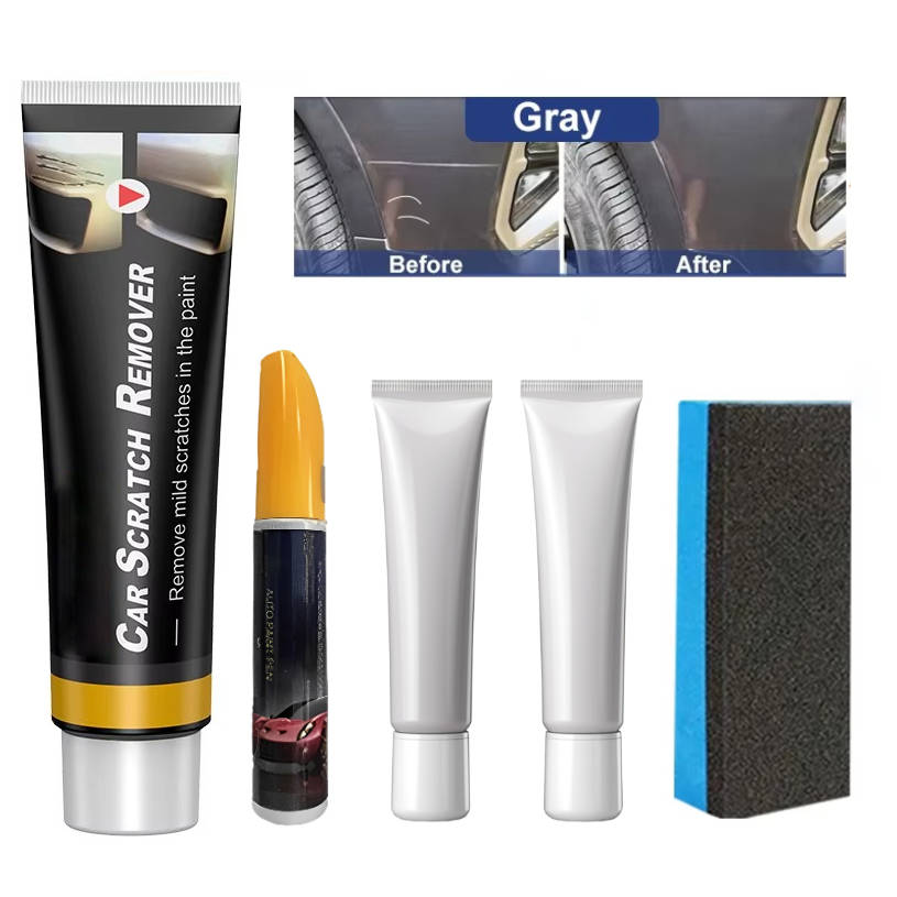 Gray car with deep scratch repair kit from Belro, showing tools and materials for fixing car scratches at home.