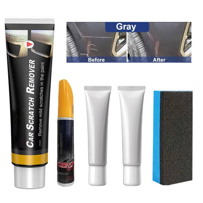 Gray car with deep scratch repair kit from Belro, showing tools and materials for fixing car scratches at home.