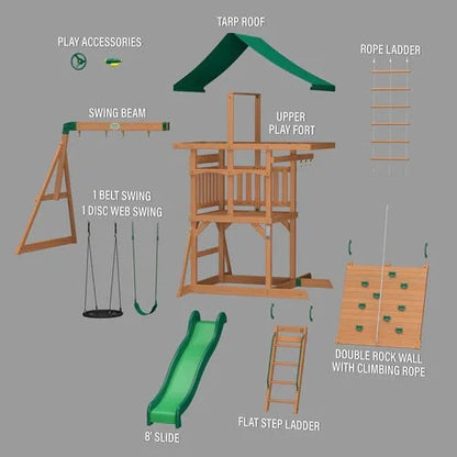 Casavibeo Backyard Discovery Grayson Peak swing set parts, including slides, swings, and climbing components, exploded view.