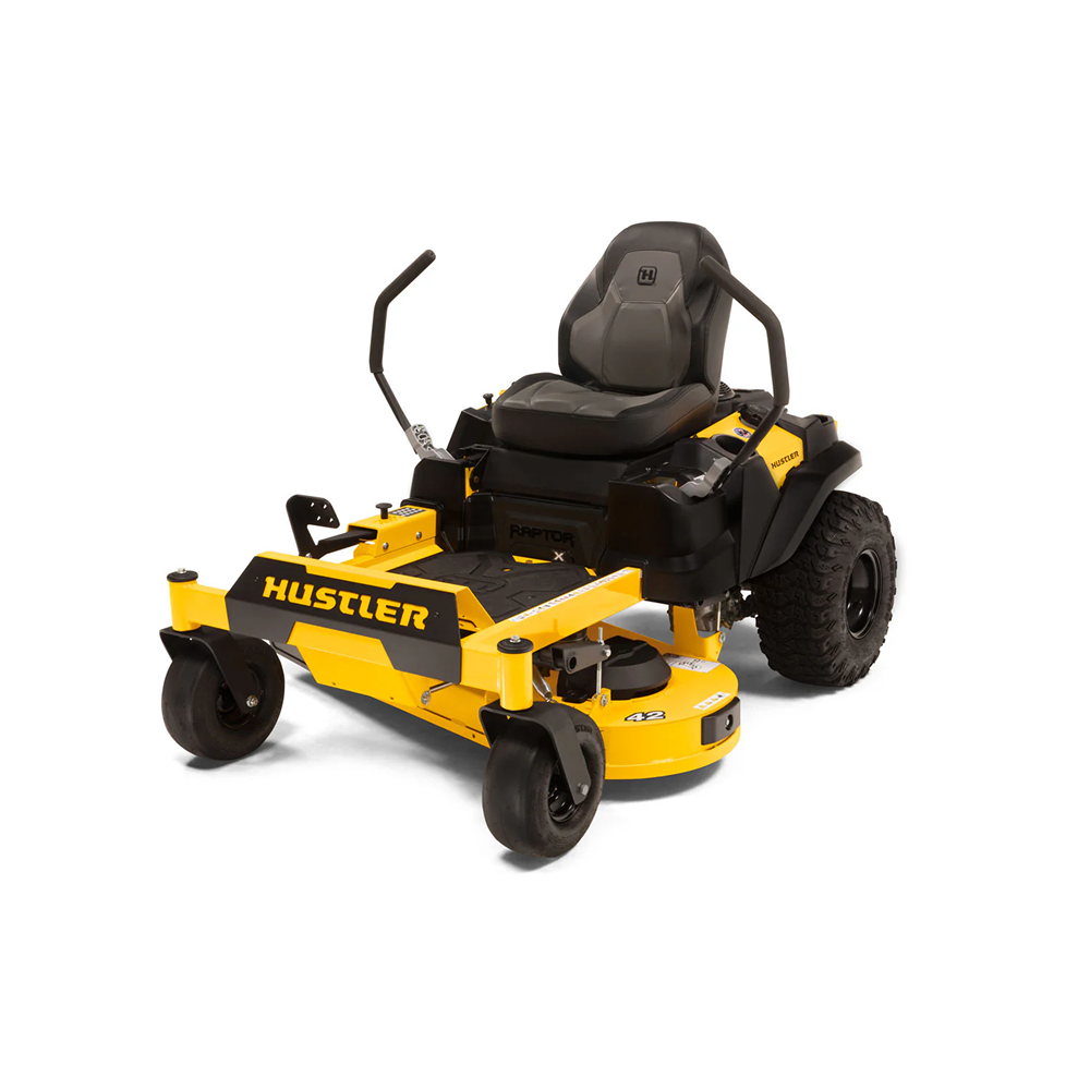 Casavibeo Hustler Raptor X zero-turn mower with 42-inch cutting deck and Kawasaki FR600 18HP engine, shown in a group image.